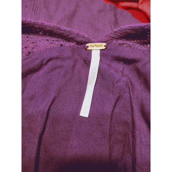 Free People Boho Tunic Top M Burgundy Embroidered Long Sleeve Peasant Blouse - Picture 5 of 10